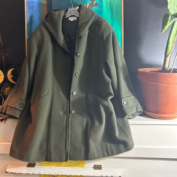 Vintage Y2K 2000s Jacob Olive Hooded Wool Trench Coat L - Picture 1 of 14